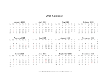 2025 Calendar One Page Horizontal Descending Holidays In Red Calendar
