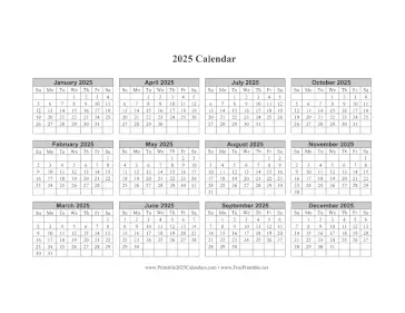 2025 Calendar One Page Horizontal Grid Descending Calendar