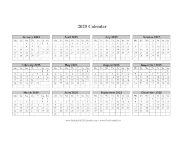 2025 Calendar One Page Horizontal Grid Descending Monday Start Calendar