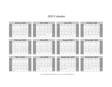 2025 Calendar One Page Horizontal Grid Descending Shaded Weekends Calendar