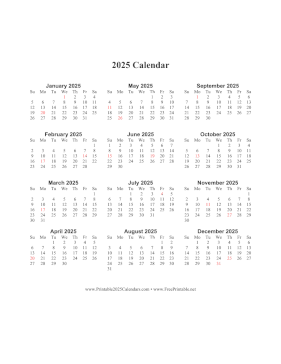 2025 Calendar One Page Vertical Descending Holidays in Red Calendar