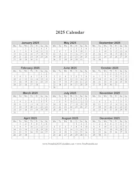 2025 Calendar One Page Vertical Grid Descending Monday Start Calendar