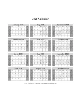 2025 Calendar One Page Vertical Grid Descending Shaded Weekends Calendar