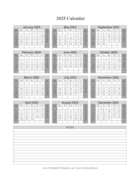 2025 Calendar One Page Vertical Grid Descending Shaded Weekends Notes Calendar