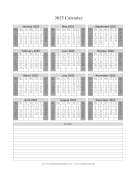 2025 Calendar One Page Vertical Grid Descending Shaded Weekends Notes calendar